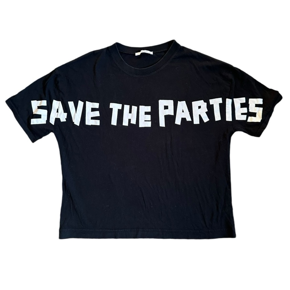 Zara Black Cropped Tee Top SAVE THE PARTIES Size Medium Graphic Goth Punk Party